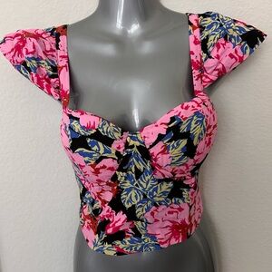 Pink Floral Corset Top 🌸 size Small Sexy bow hook eye ruffles boning crop black